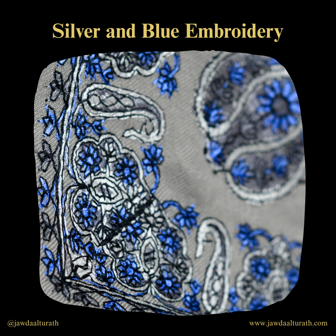 Light Grey Shemagh (Keffiyeh) – Blue Embroidery Pattern | Premium Cotton Headscarf