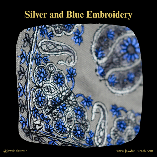 Light Grey Shemagh (Keffiyeh) – Blue Embroidery Pattern | Premium Cotton Headscarf