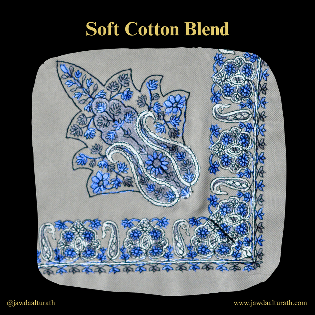 Light Grey Shemagh (Keffiyeh) – Blue Embroidery Pattern | Premium Cotton Headscarf