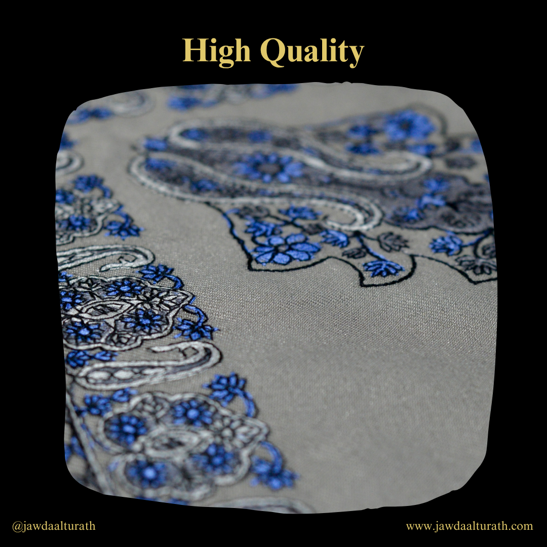 Light Grey Shemagh (Keffiyeh) – Blue Embroidery Pattern | Premium Cotton Headscarf