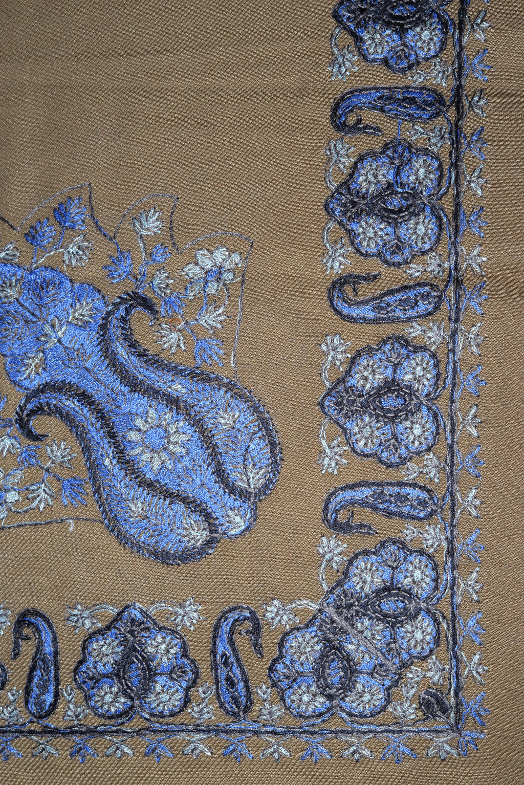 Tan Shemagh (Keffiyeh) – Blue Embroidery Pattern | Premium Cotton Headscarf