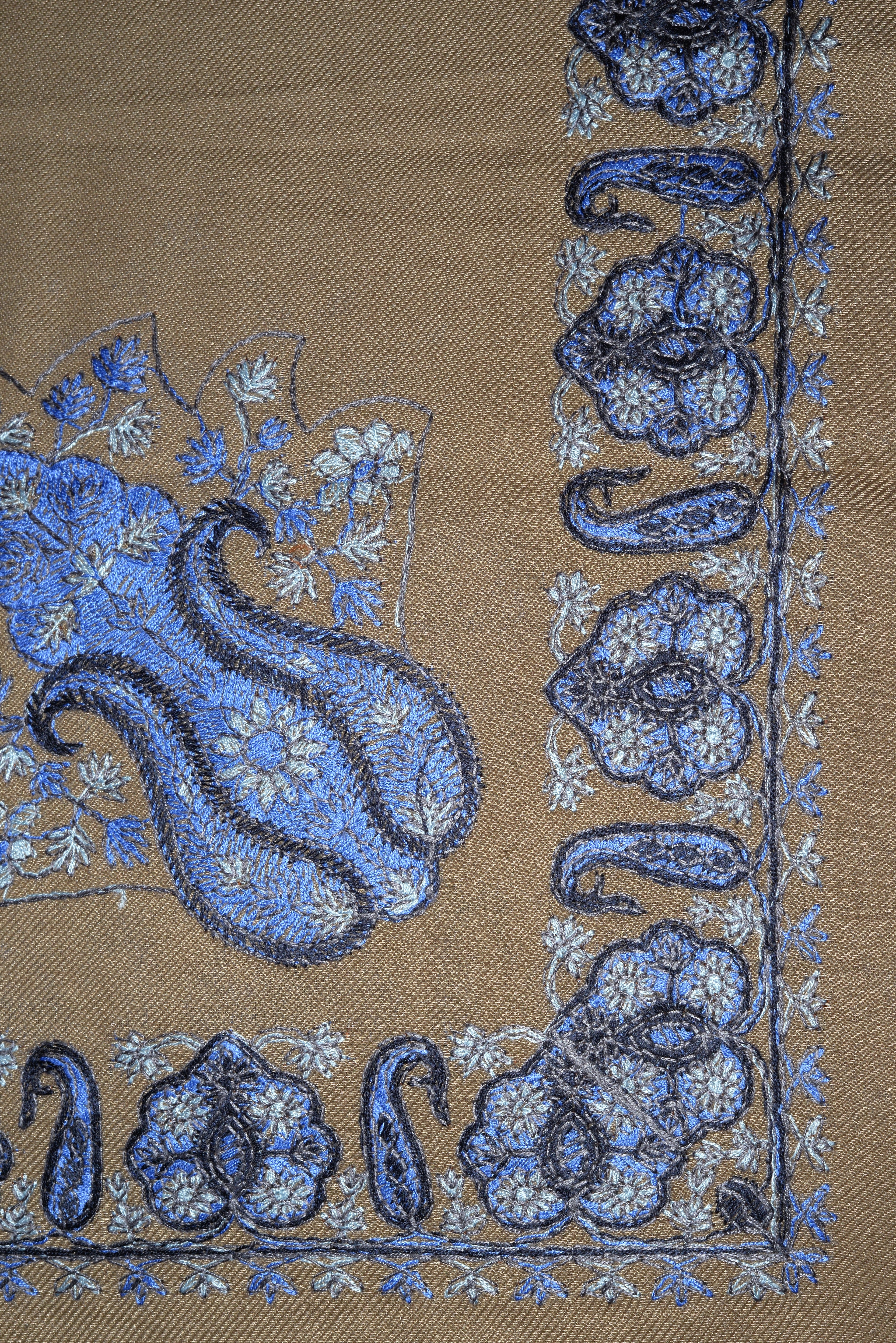 Tan Shemagh (Keffiyeh) – Blue Embroidery Pattern | Premium Cotton Headscarf