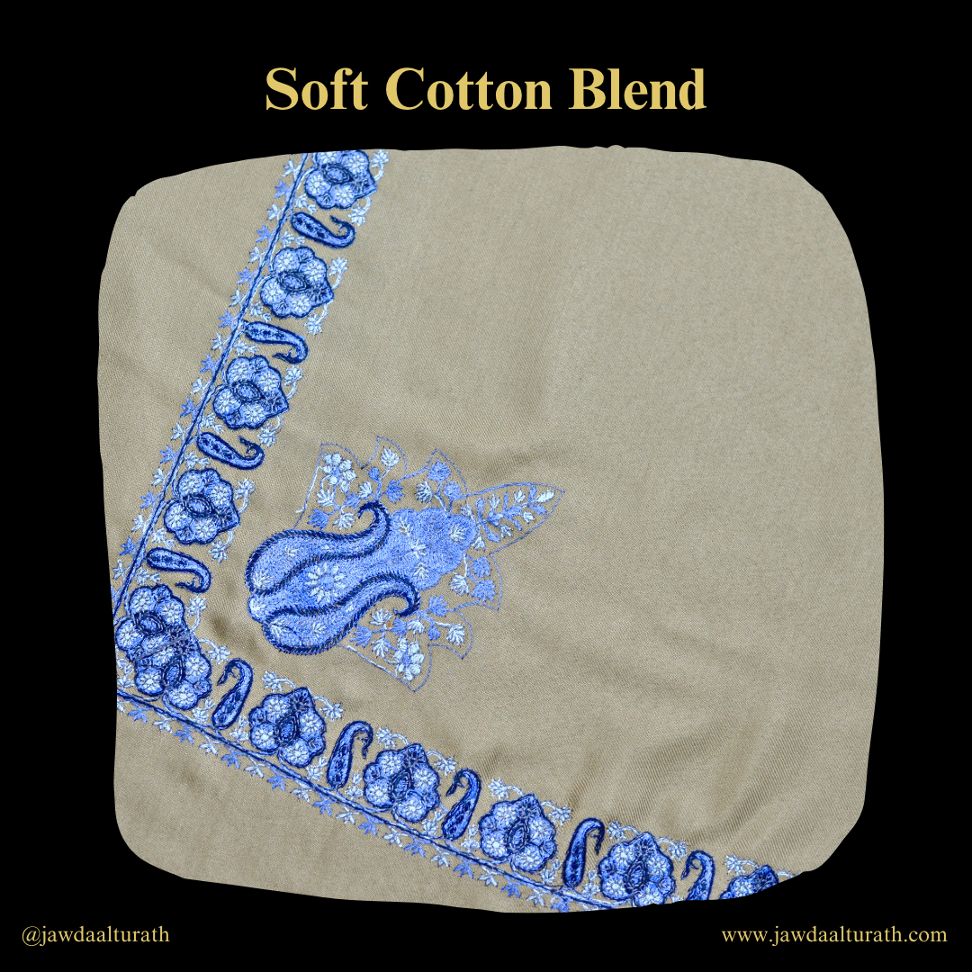 Tan Shemagh (Keffiyeh) – Blue Embroidery Pattern | Premium Cotton Headscarf