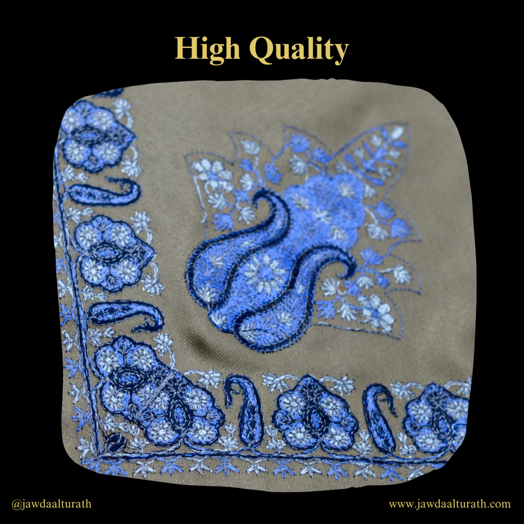 Tan Shemagh (Keffiyeh) – Blue Embroidery Pattern | Premium Cotton Headscarf